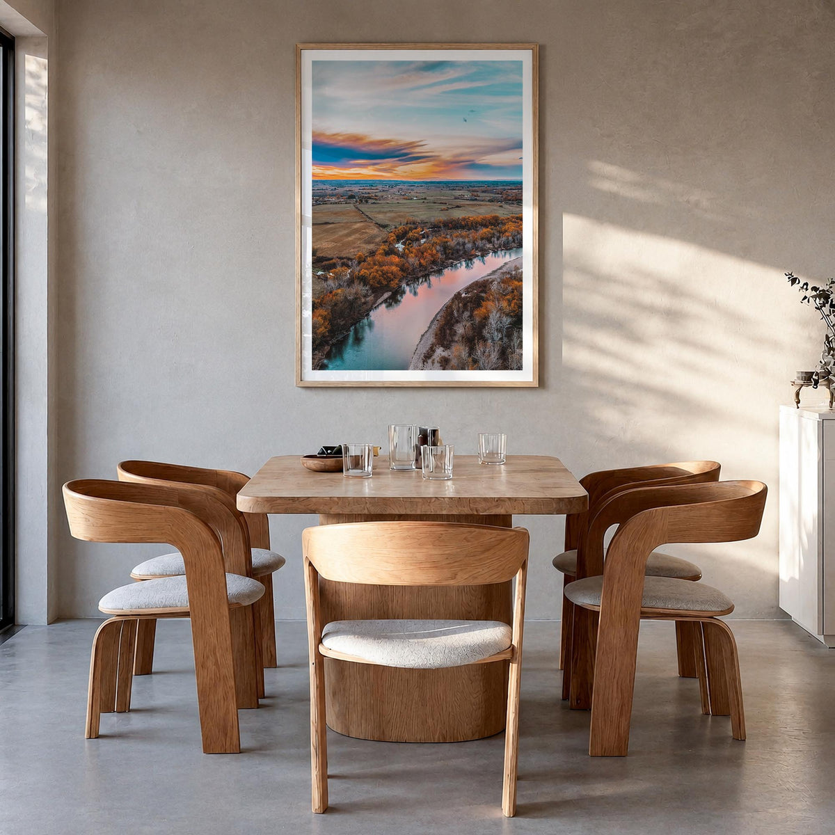 Boise no. 2 colorful photo poster of Idaho, USA – vertical wall art in natural wood frame with white border, hanging on wall