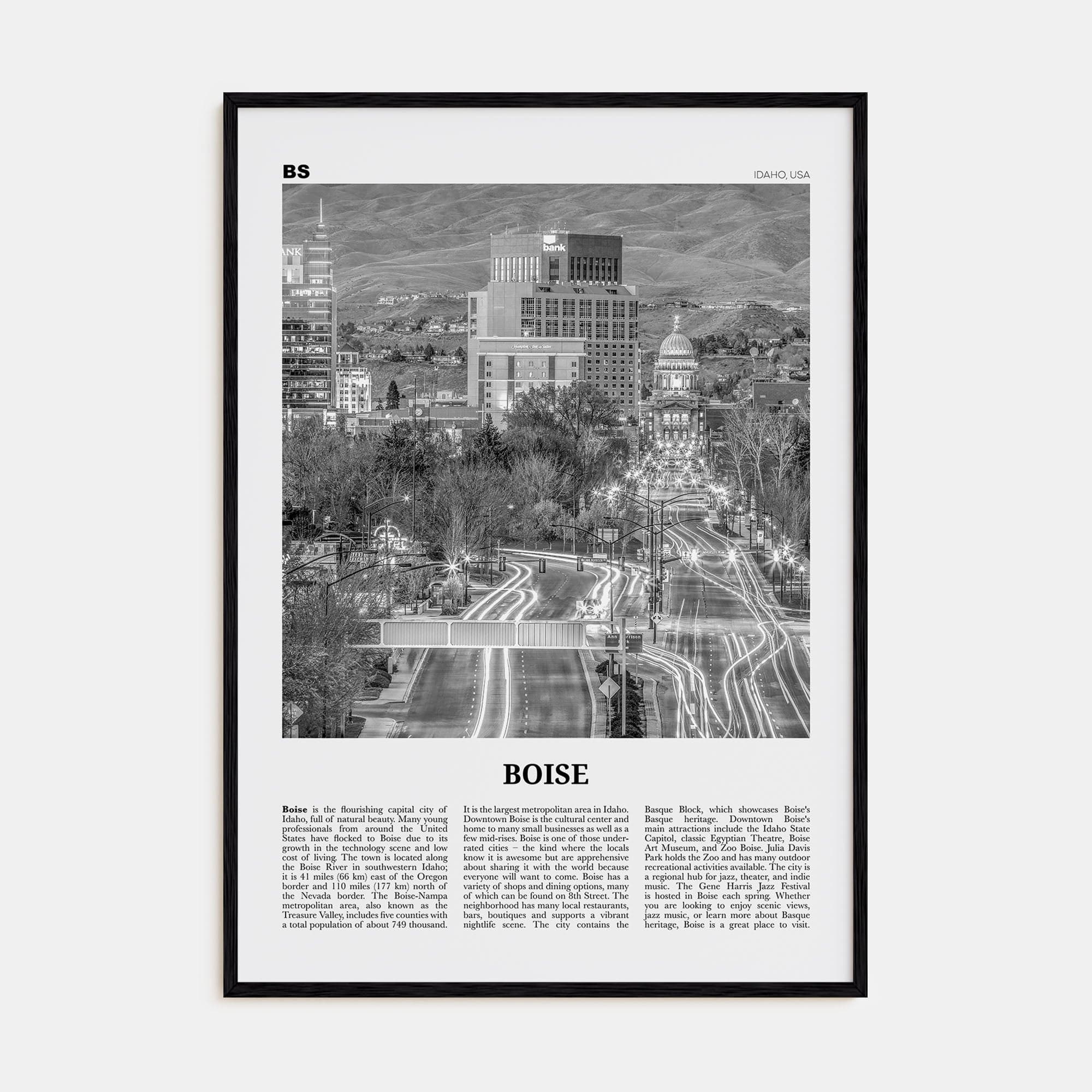 Boise No 2 Poster Black Wood / 8x12 in Nbourhood Travel B&W Poster