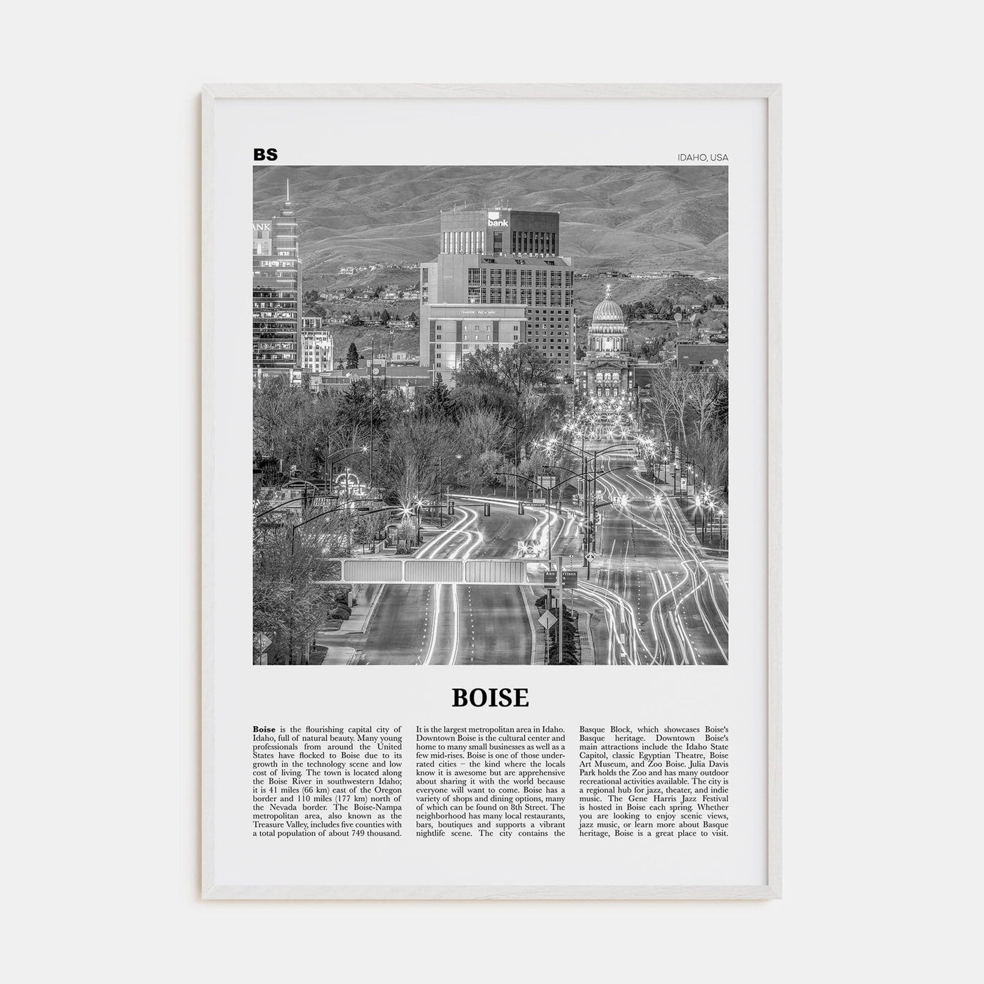 Boise No 2 Poster White Wood / 8x12 in Nbourhood Travel B&W Poster