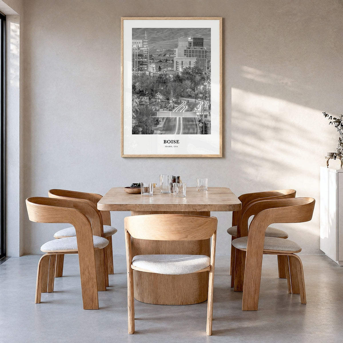 Boise Classic No 2 Poster in a natural wood frame, hanging in a dining room
