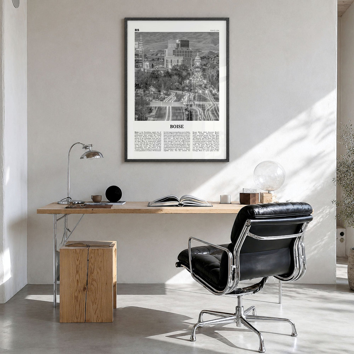 Boise Newspaper No 2 Poster in a black wood frame, hanging in a bright home office