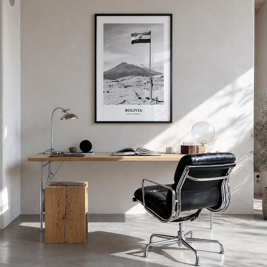 Bolivia black & white classic poster of South America – vertical wall art in black wood frame, hanging on wall