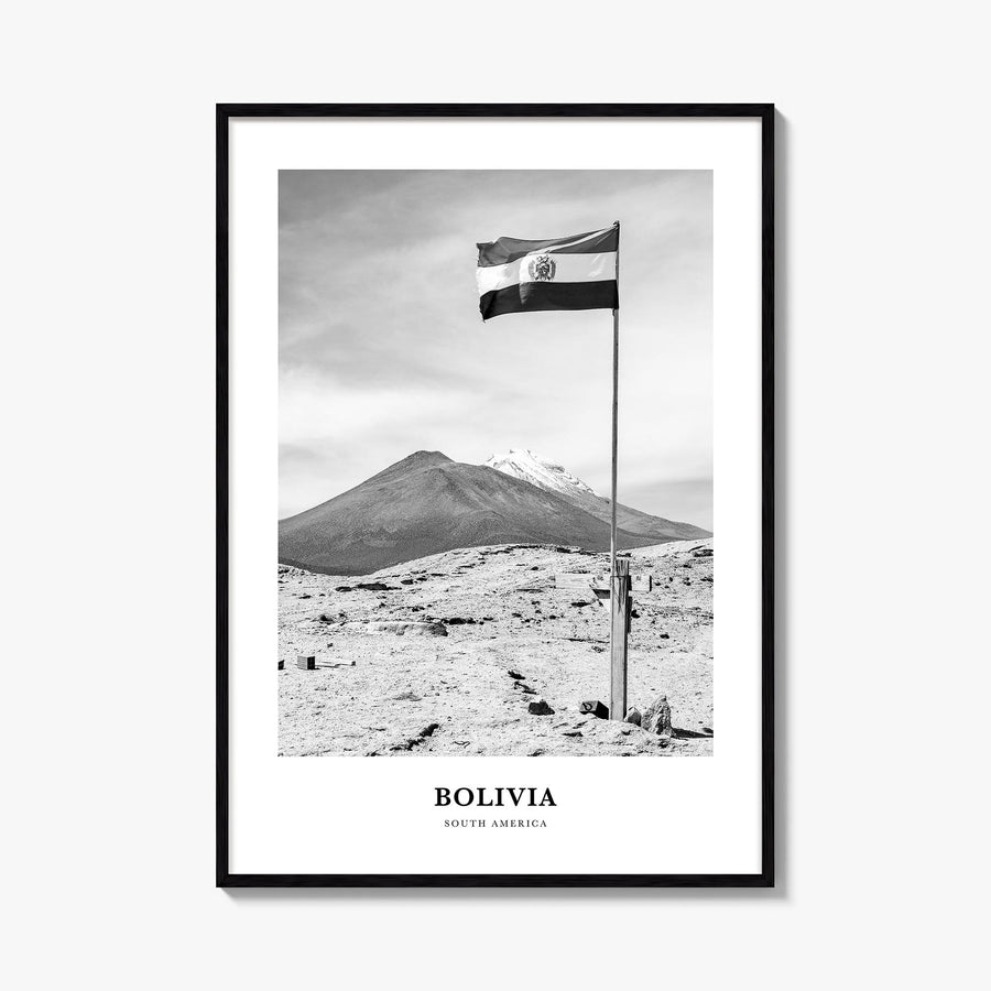 Bolivia black & white classic poster of South America – vertical wall art, unframed print shown in interior mockup