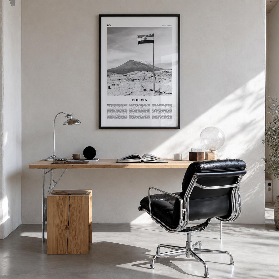 Bolivia black & white newspaper poster of South America – vertical wall art in black wood frame, hanging on wall