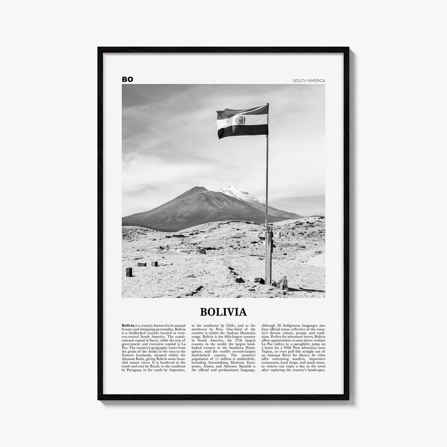 Bolivia black & white newspaper poster of South America – vertical wall art, unframed print shown in interior mockup