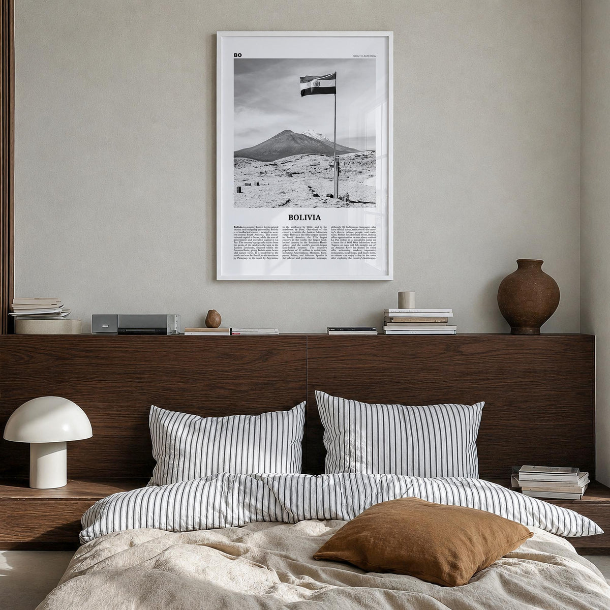 Bolivia black & white newspaper poster of South America – vertical wall art in white wood frame, hanging on wall