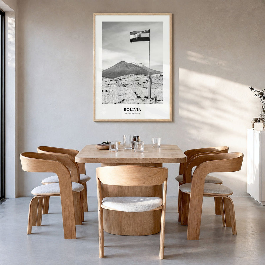Bolivia Classic Poster in a natural wood frame, hanging in a dining room