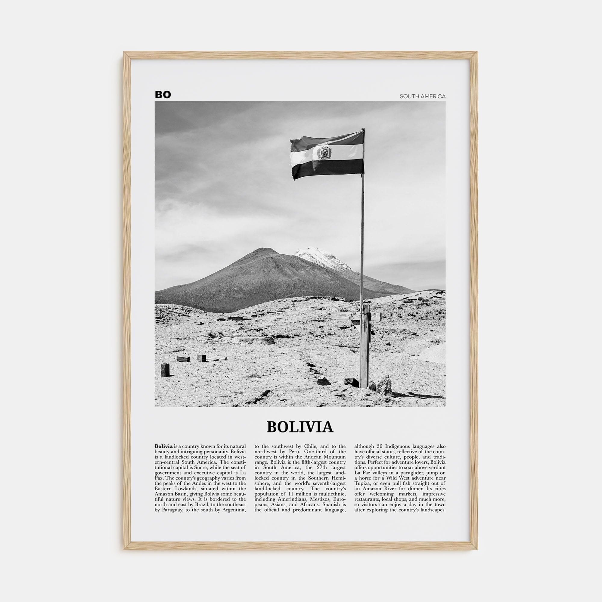 Bolivia Poster Natural Wood / 8x12 in Nbourhood Travel B&W Poster