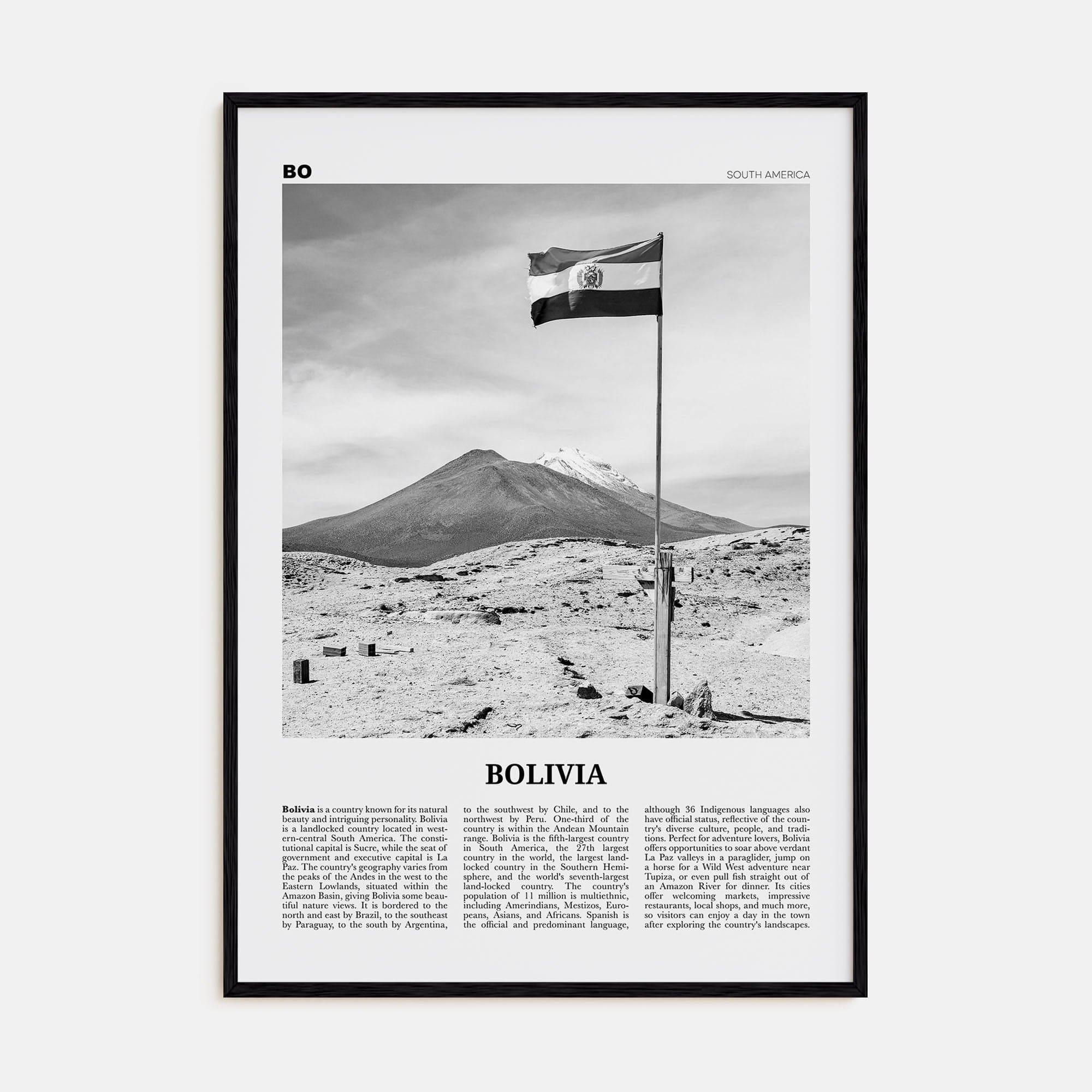 Bolivia Poster Black Wood / 8x12 in Nbourhood Travel B&W Poster