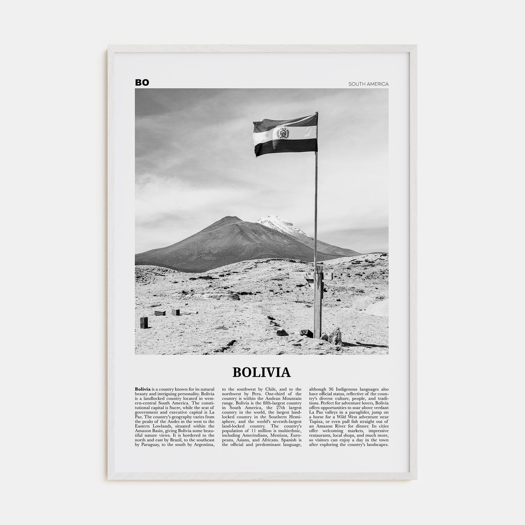 Bolivia Poster White Wood / 8x12 in Nbourhood Travel B&W Poster