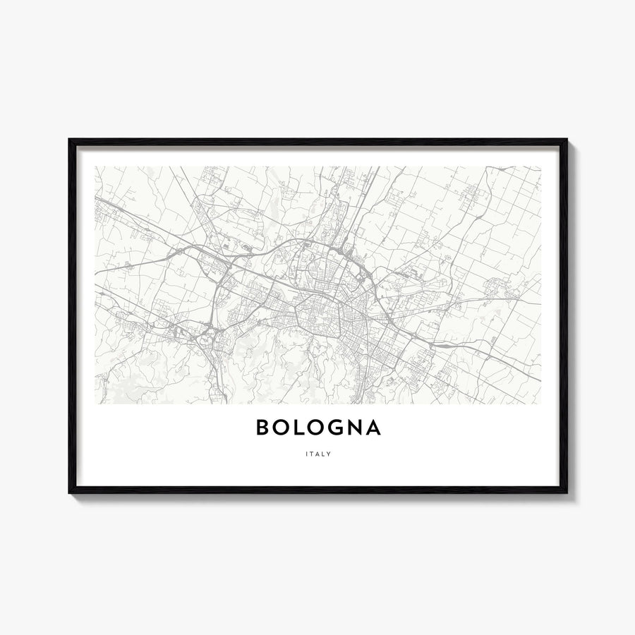 Bologna black & white map poster of Italy – horizontal wall art, unframed print shown in interior mockup