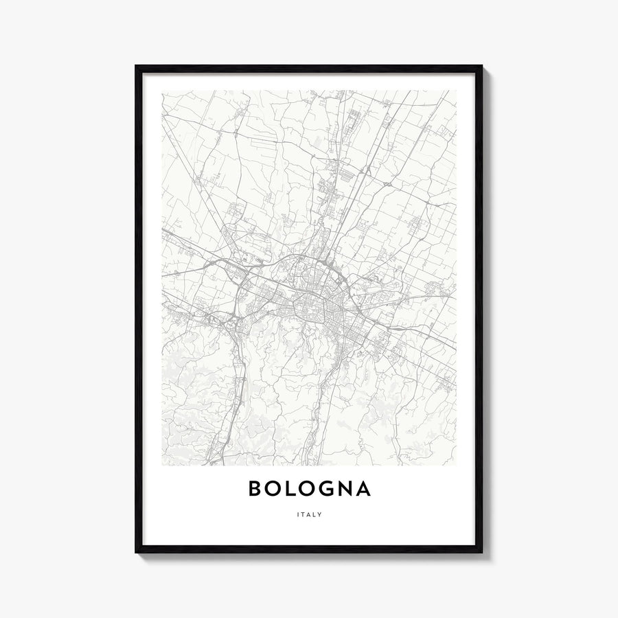 Bologna black & white map poster of Italy – vertical wall art, unframed print shown in interior mockup