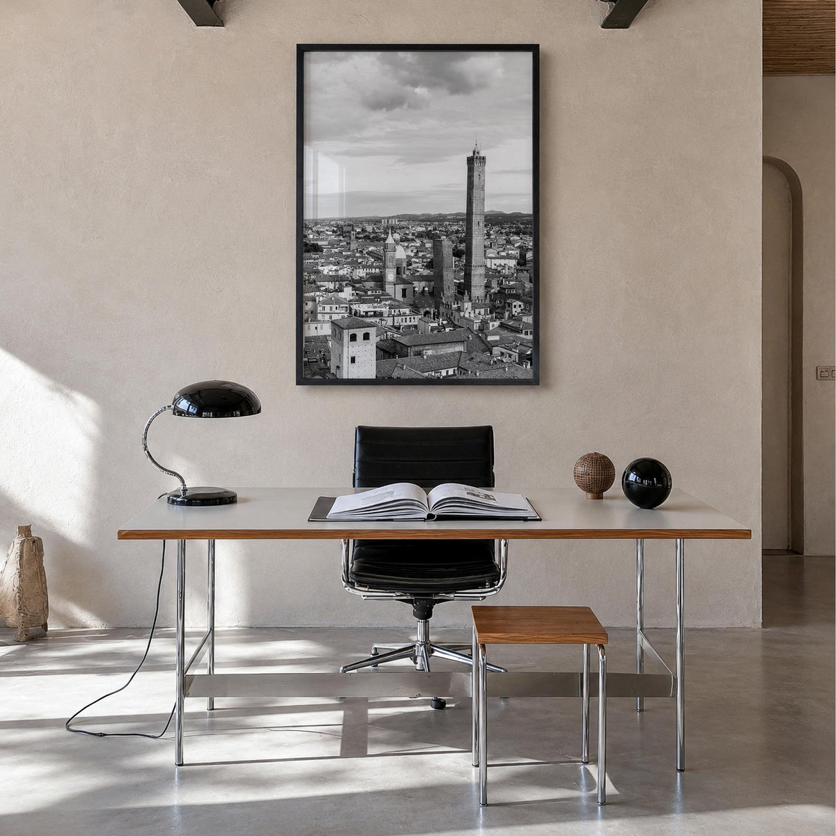 Bologna black & white photo poster of Italy – vertical wall art in black wood frame, hanging on wall