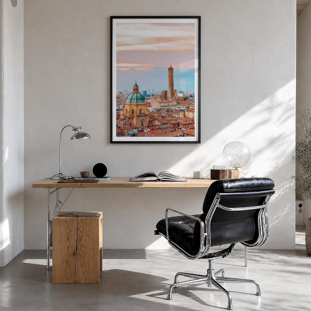 Bologna colorful photo poster of Italy – vertical wall art in black wood frame with white border, hanging on wall