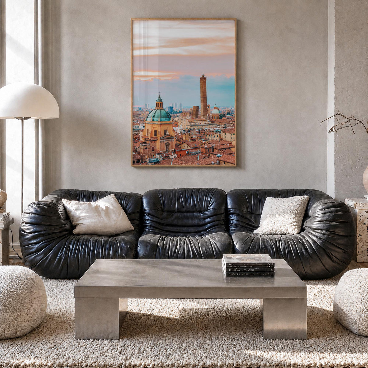 Bologna colorful photo poster of Italy – vertical wall art in natural wood frame, hanging on wall