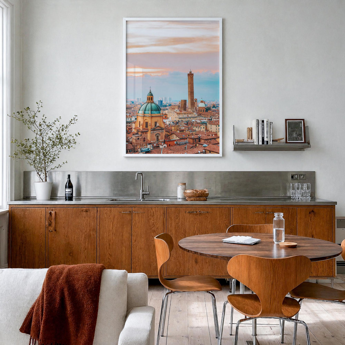 Bologna colorful photo poster of Italy – vertical wall art in white wood frame, hanging on wall