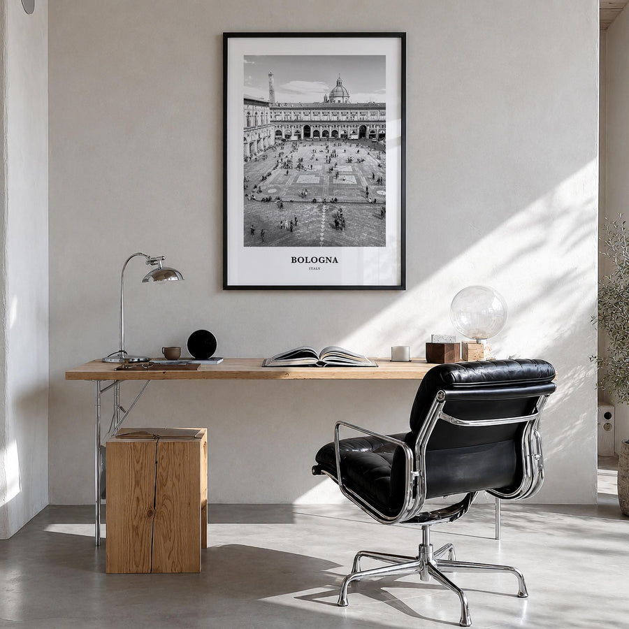 Bologna no. 1 black & white classic poster of Italy – vertical wall art in black wood frame, hanging on wall