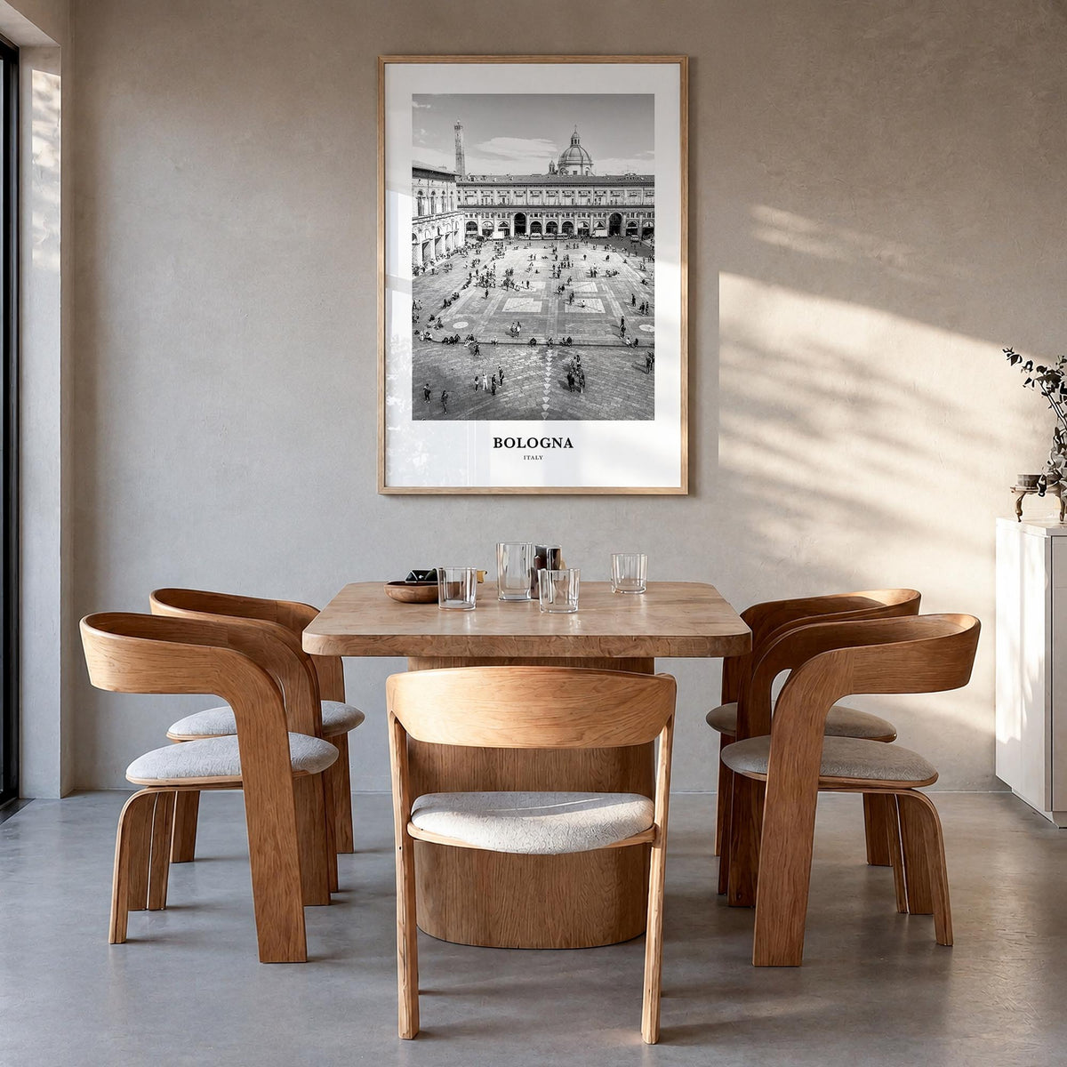 Bologna no. 1 black & white classic poster of Italy – vertical wall art in natural wood frame, hanging on wall