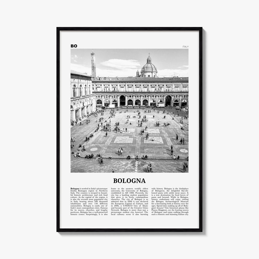 Bologna no. 1 black & white newspaper poster of Italy – vertical wall art, unframed print shown in interior mockup