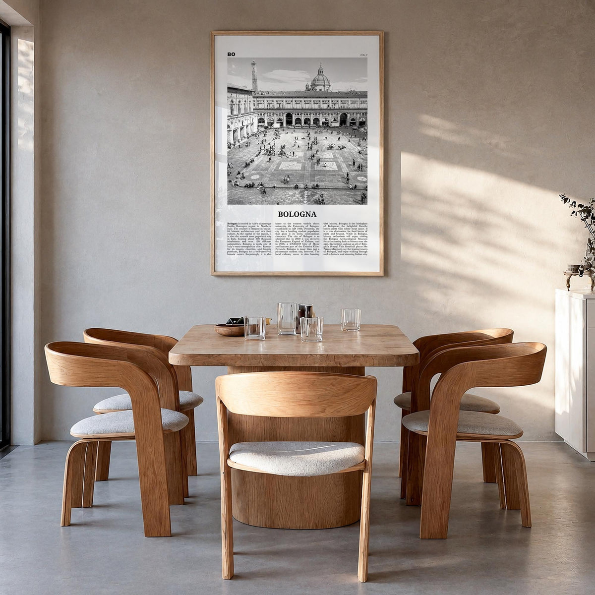 Bologna no. 1 black & white newspaper poster of Italy – vertical wall art in natural wood frame, hanging on wall