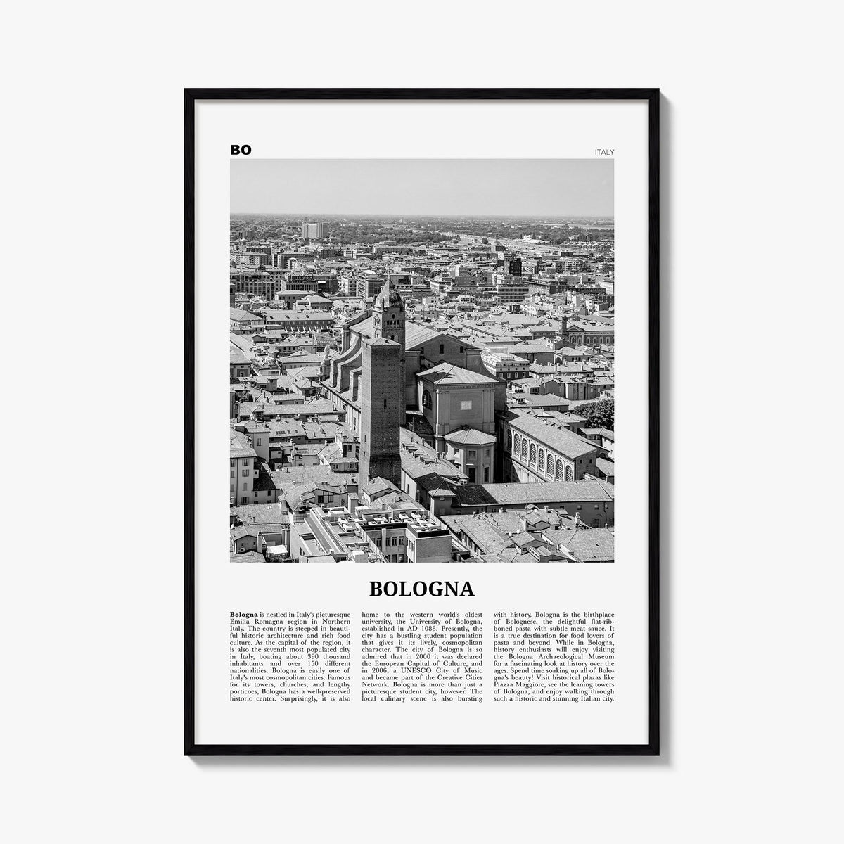 Bologna no. 2 black & white newspaper poster of Italy – vertical wall art, unframed print shown in interior mockup