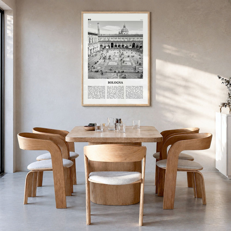 Bologna Newspaper No 1 Poster in a natural wood frame, hanging in a dining room