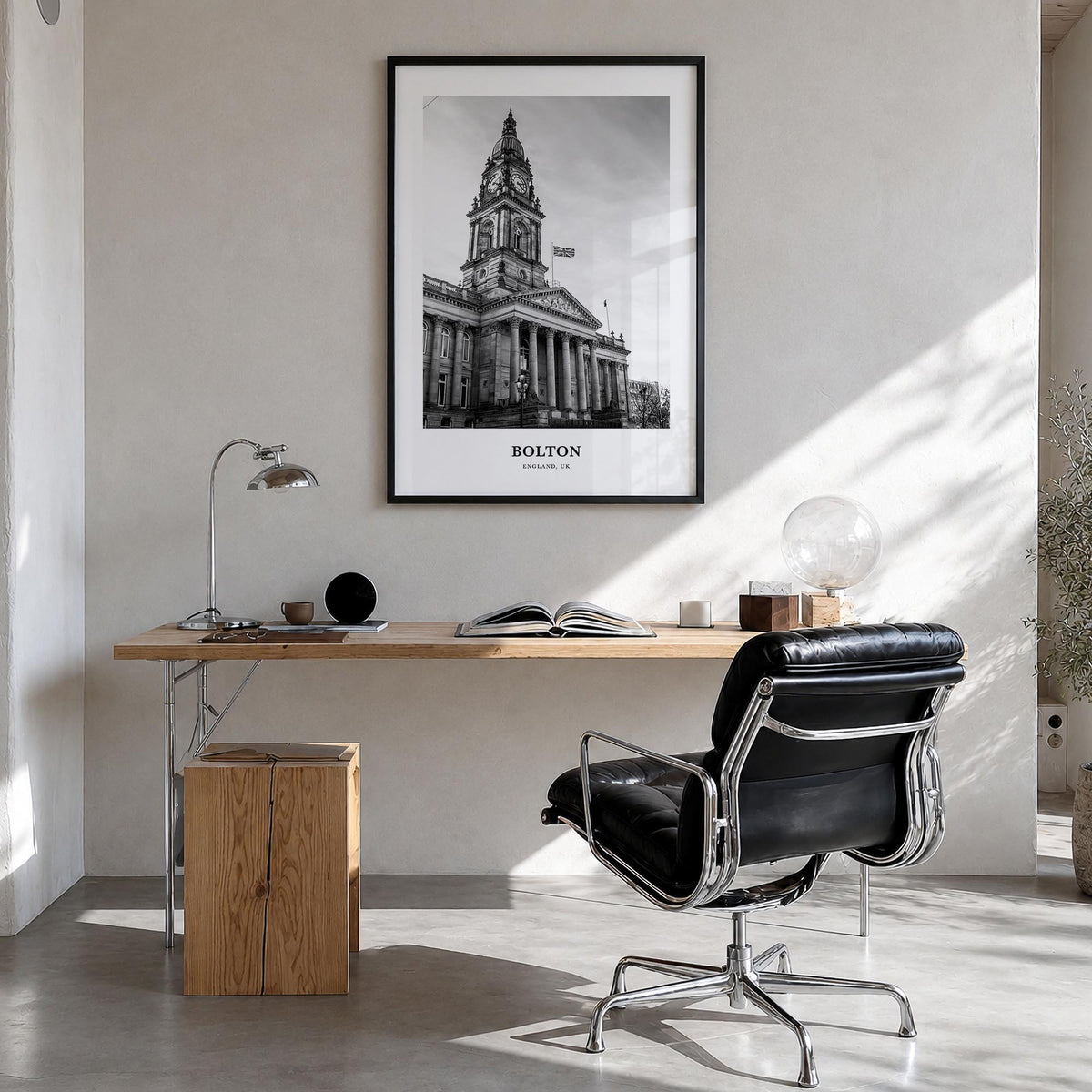 Bolton black & white classic poster of United Kingdom – vertical wall art in black wood frame, hanging on wall