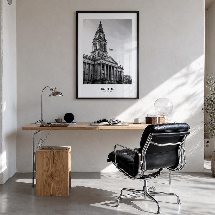 Bolton black & white classic poster of United Kingdom – vertical wall art in black wood frame, hanging on wall