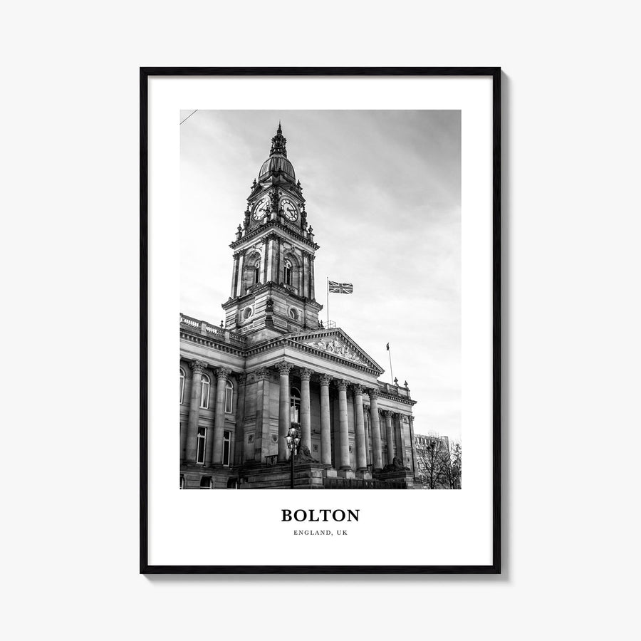 Bolton black & white classic poster of United Kingdom – vertical wall art, unframed print shown in interior mockup