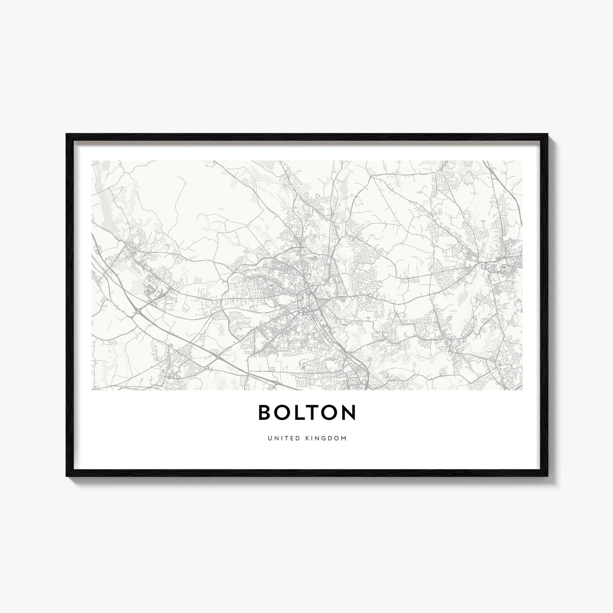 Bolton black & white map poster of United Kingdom – horizontal wall art, unframed print shown in interior mockup