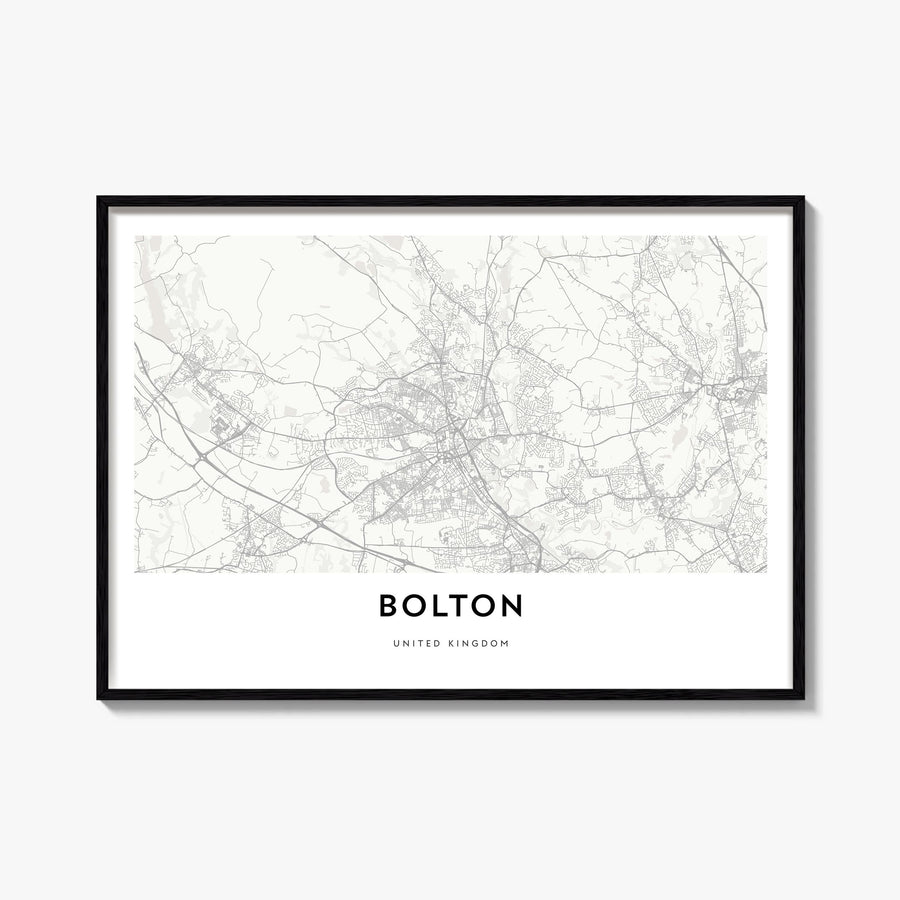 Bolton black & white map poster of United Kingdom – horizontal wall art, unframed print shown in interior mockup