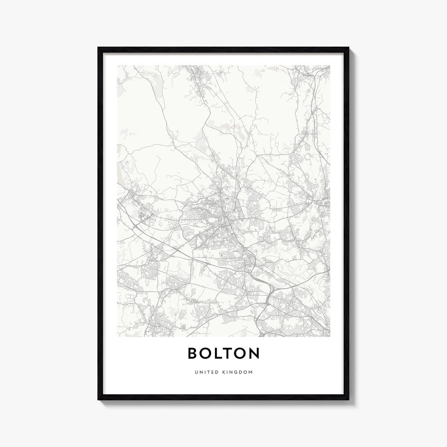 Bolton black & white map poster of United Kingdom – vertical wall art, unframed print shown in interior mockup