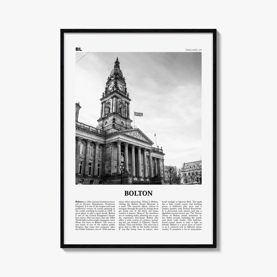 Bolton black & white newspaper poster of United Kingdom – vertical wall art, unframed print shown in interior mockup