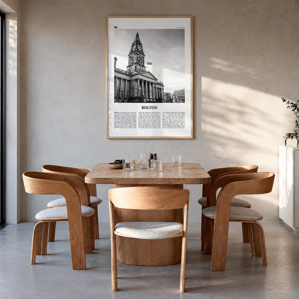 Bolton black & white newspaper poster of United Kingdom – vertical wall art in natural wood frame, hanging on wall