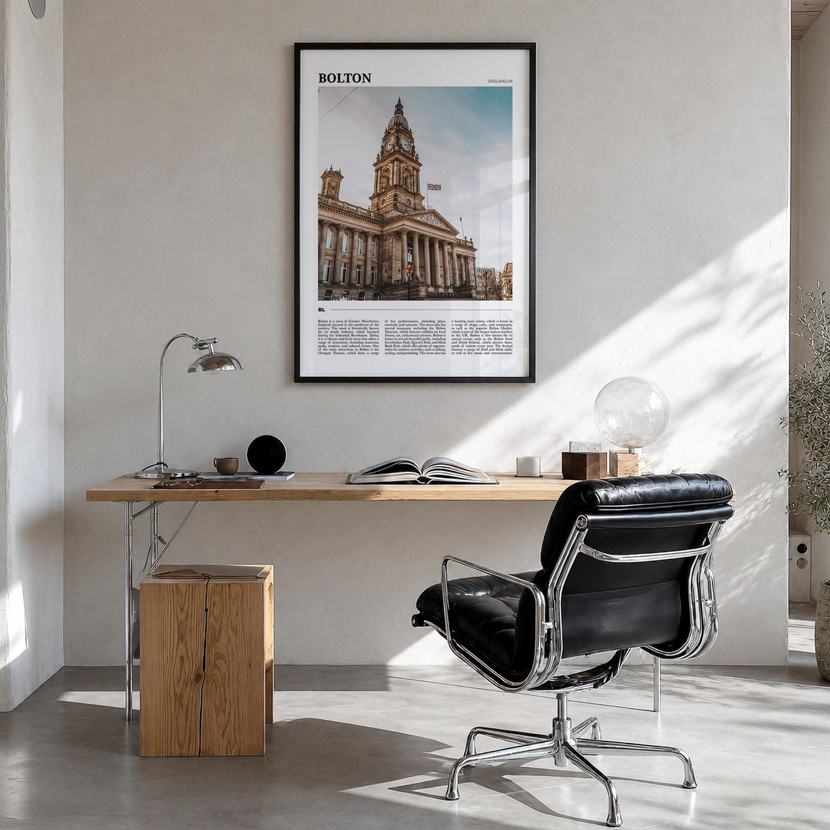 Bolton colorful travel poster of United Kingdom – vertical wall art in black wood frame, hanging on wall