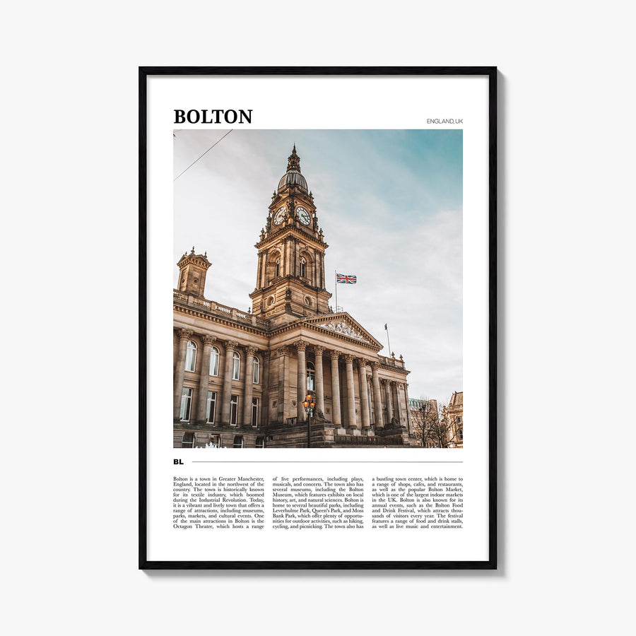 Bolton colorful travel poster of United Kingdom – vertical wall art, unframed print shown in interior mockup