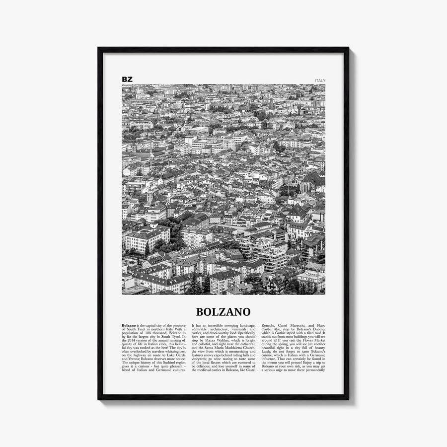 Bolzano black & white newspaper poster of Italy – vertical wall art, unframed print shown in interior mockup