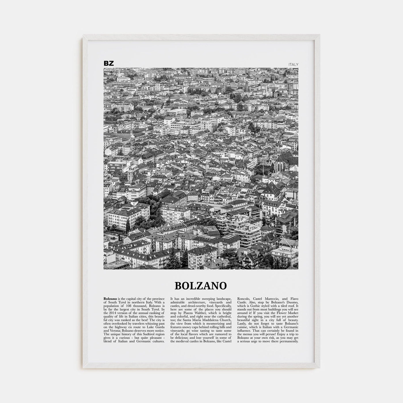 Bolzano Poster White Wood / 8x12 in Nbourhood Travel B&W Poster