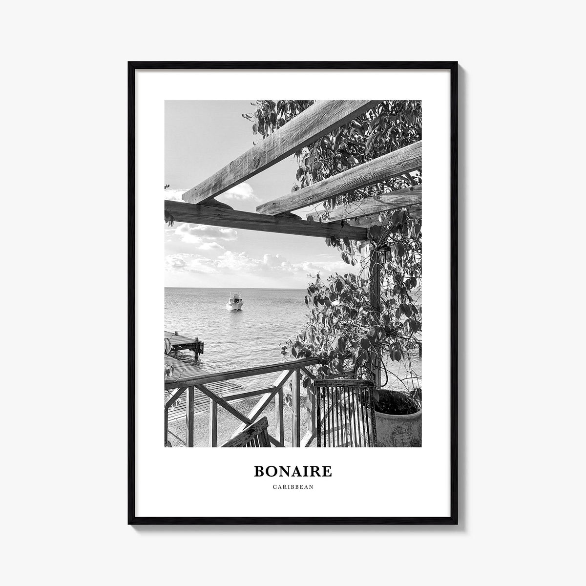 Bonaire black & white classic poster of Caribbean – vertical wall art, unframed print shown in interior mockup