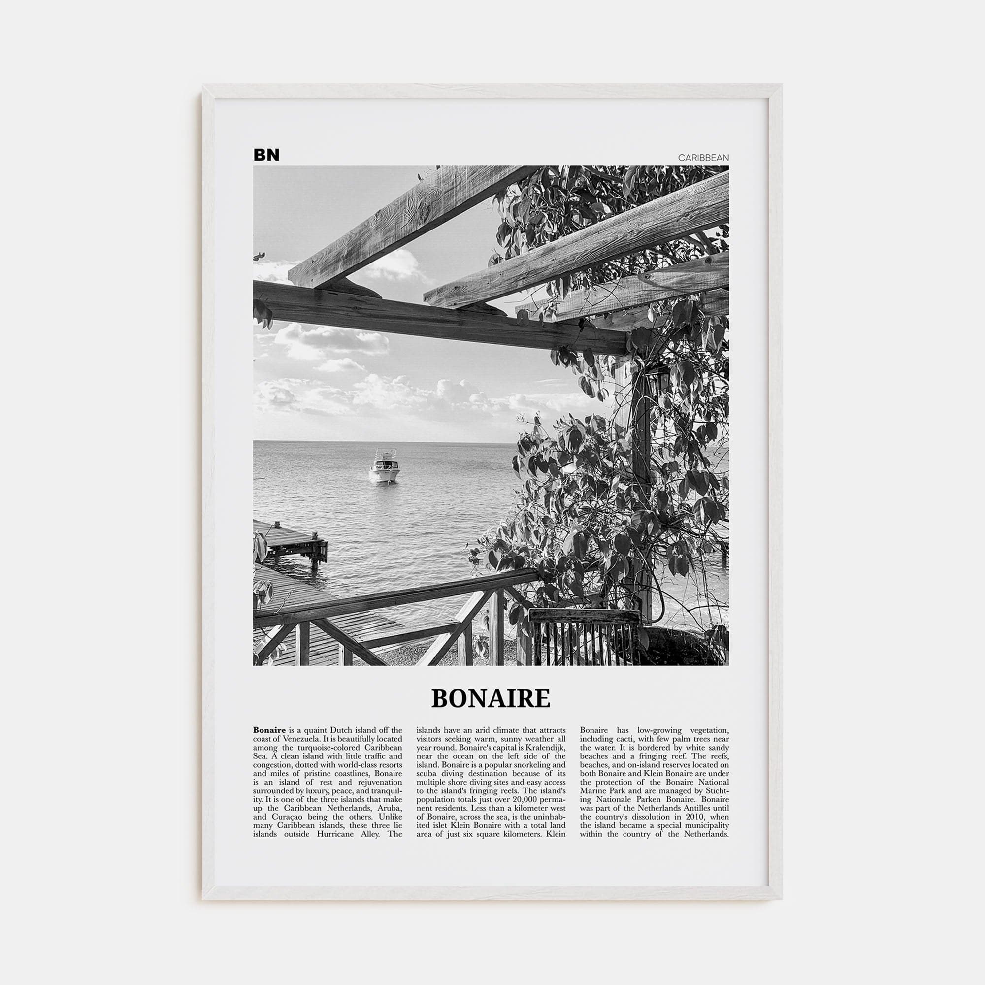 Bonaire Poster White Wood / 8x12 in Nbourhood Travel B&W Poster