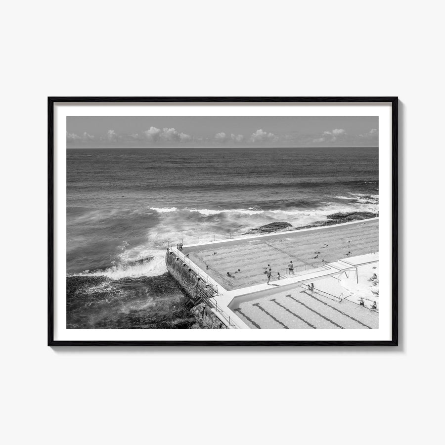 Bondi Beach black & white photo poster of Sydney, New South Wales – horizontal wall art, unframed print shown in interior moc