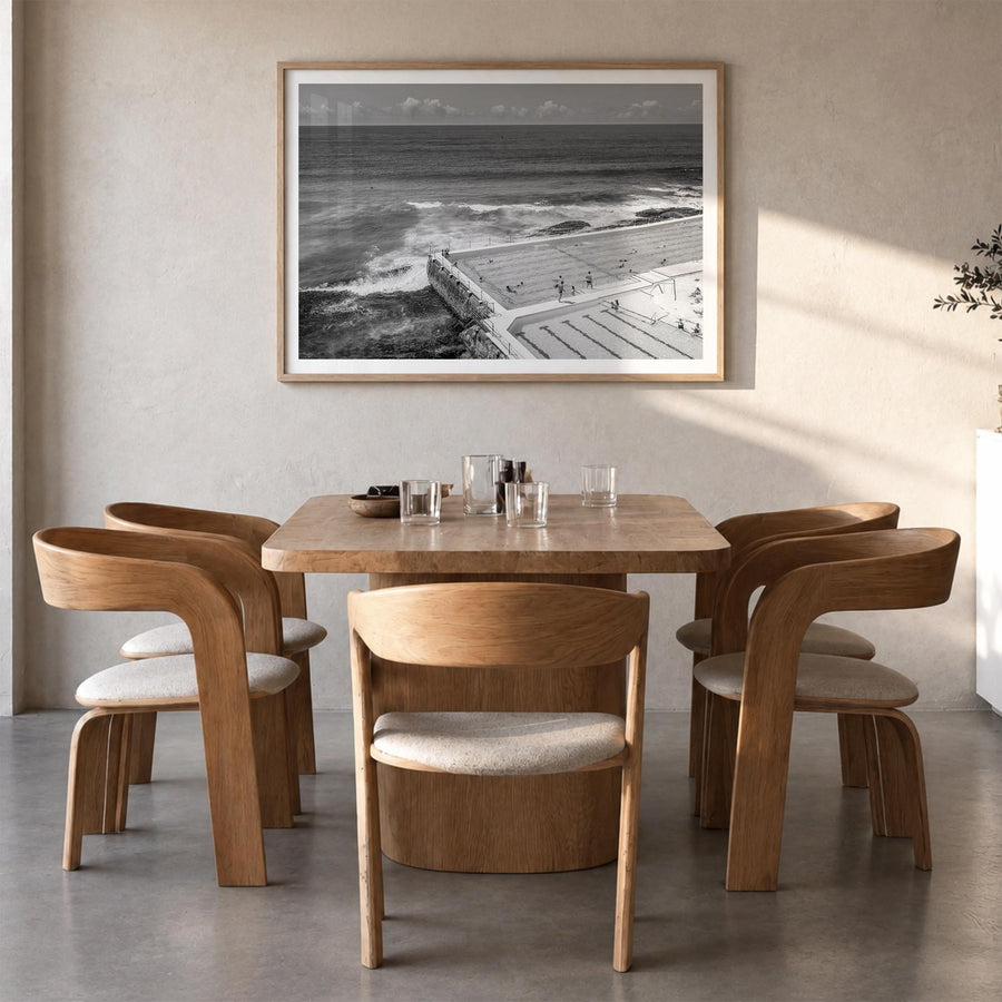 Bondi Beach black & white photo poster of Sydney, New South Wales – horizontal wall art in natural wood frame with white bord