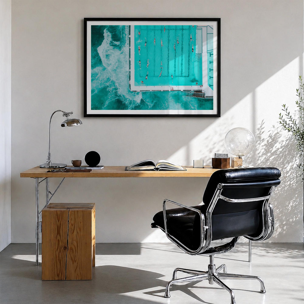 Bondi Beach colorful photo poster of Sydney, New South Wales – horizontal wall art in black wood frame with white border, han