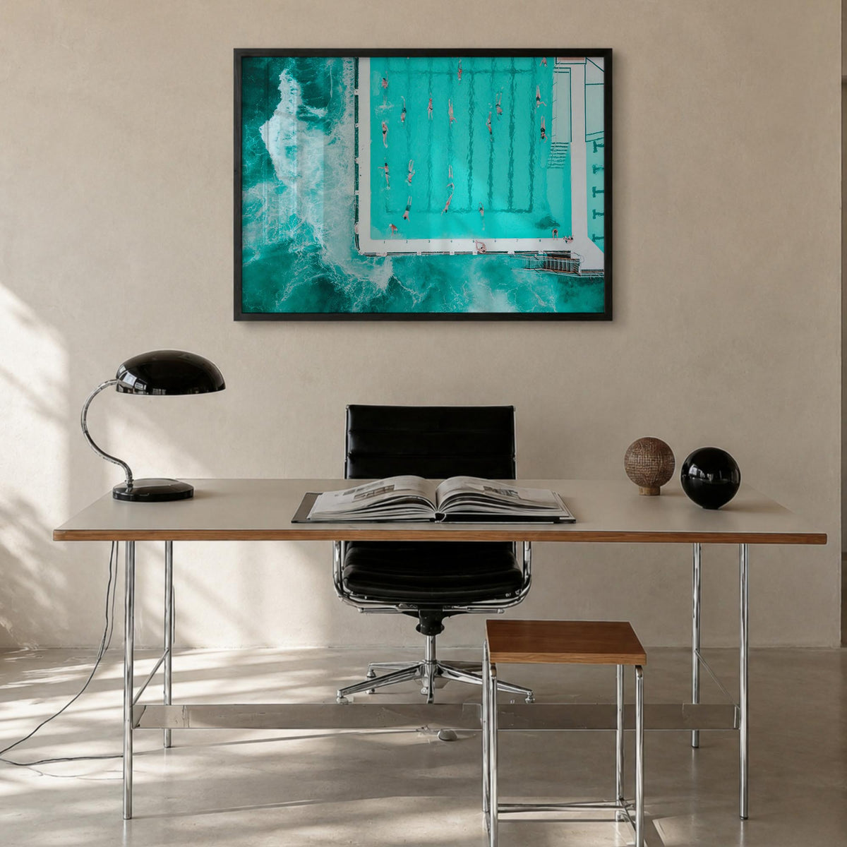 Bondi Beach colorful photo poster of Sydney, New South Wales – horizontal wall art in black wood frame, hanging on wall