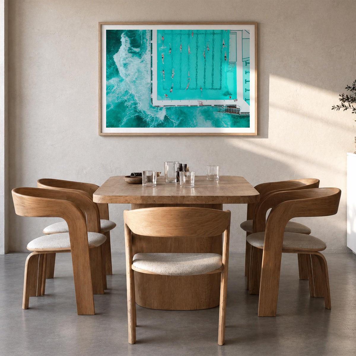 Bondi Beach colorful photo poster of Sydney, New South Wales – horizontal wall art in natural wood frame with white border, h