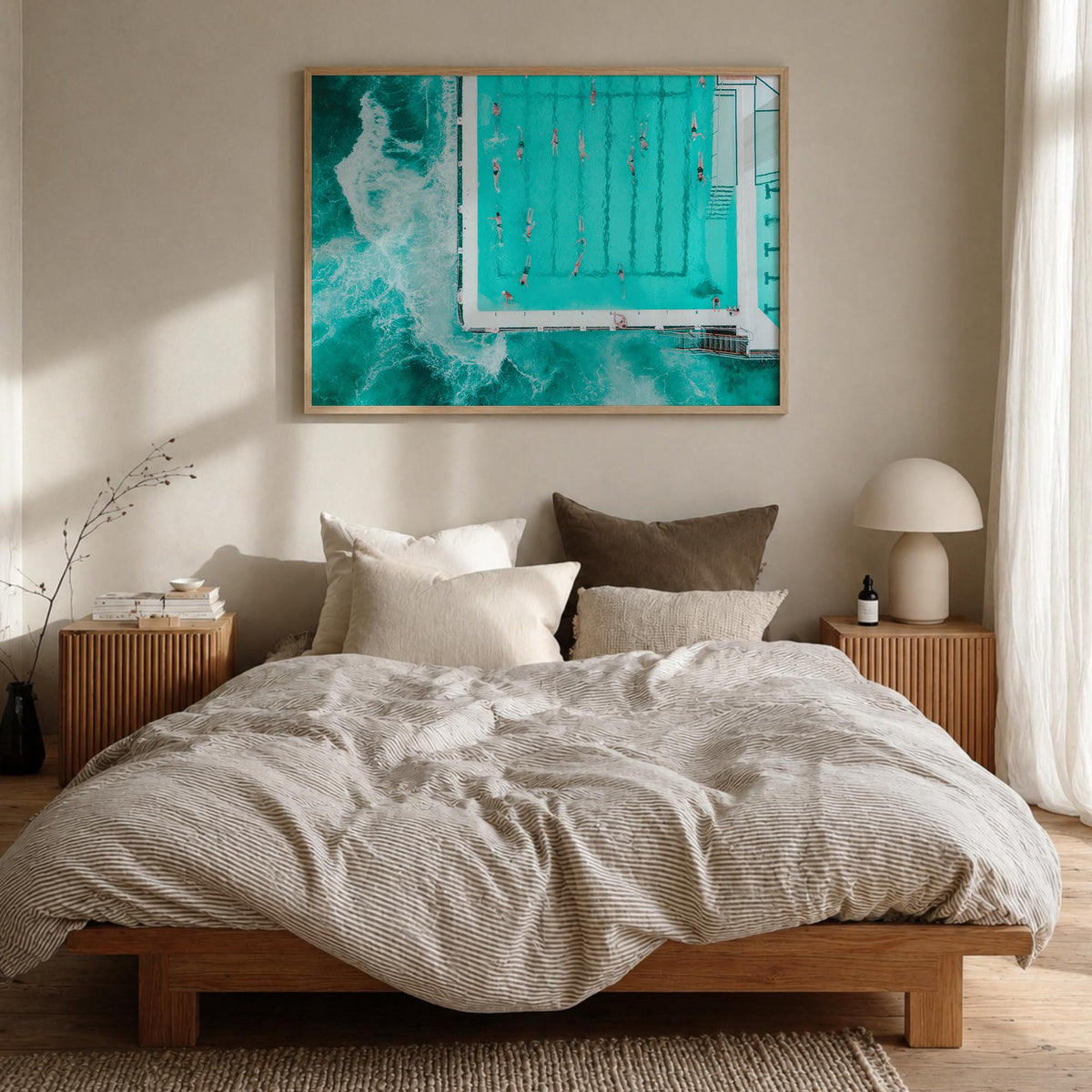 Bondi Beach colorful photo poster of Sydney, New South Wales – horizontal wall art in natural wood frame, hanging on wall