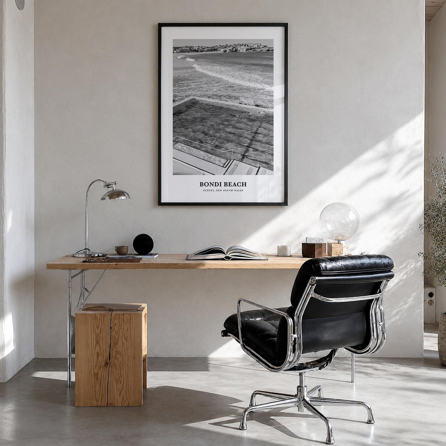 Bondi Beach no. 1 black & white classic poster of Sydney, New South Wales – vertical wall art in black wood frame, hanging on