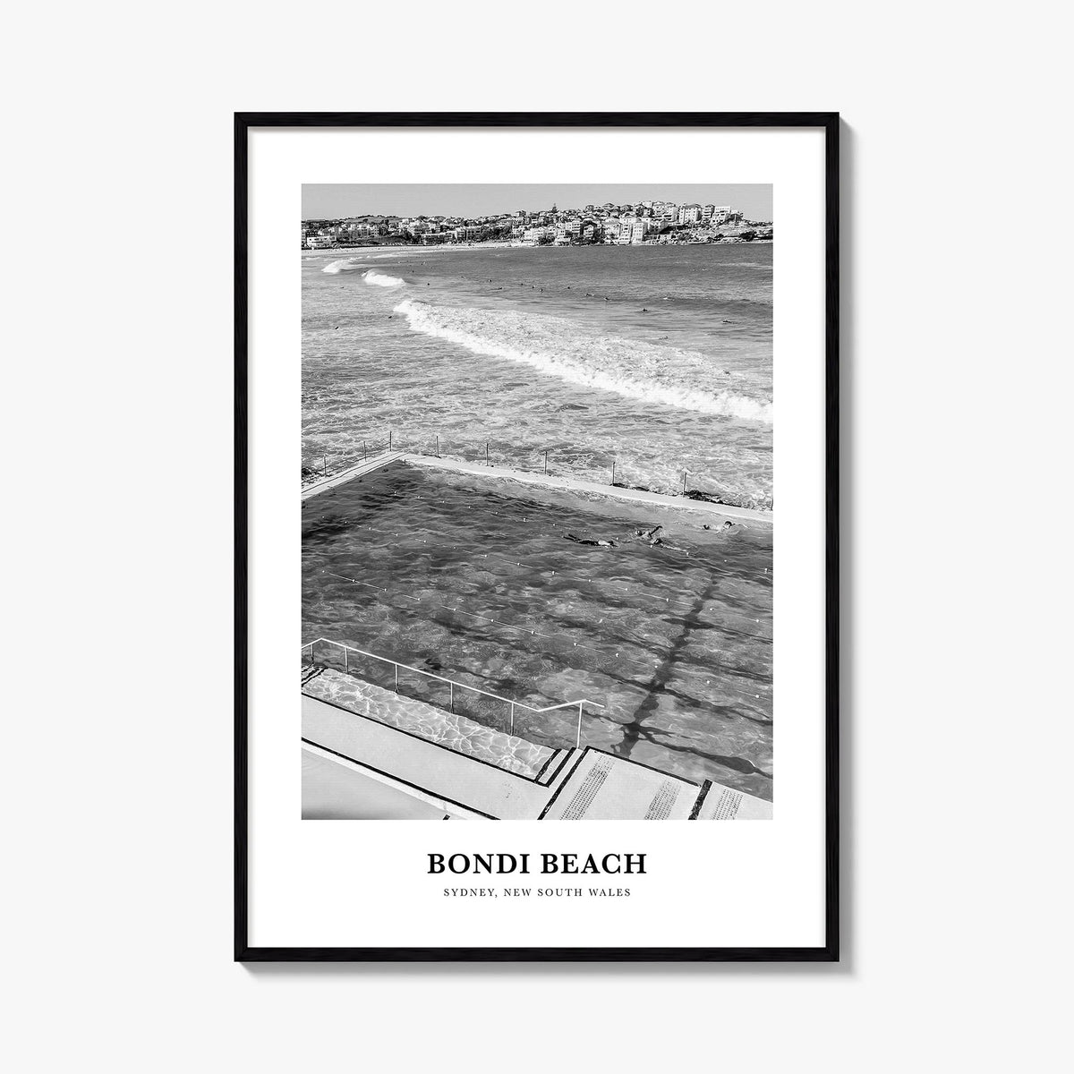 Bondi Beach no. 1 black & white classic poster of Sydney, New South Wales – vertical wall art, unframed print shown in interi