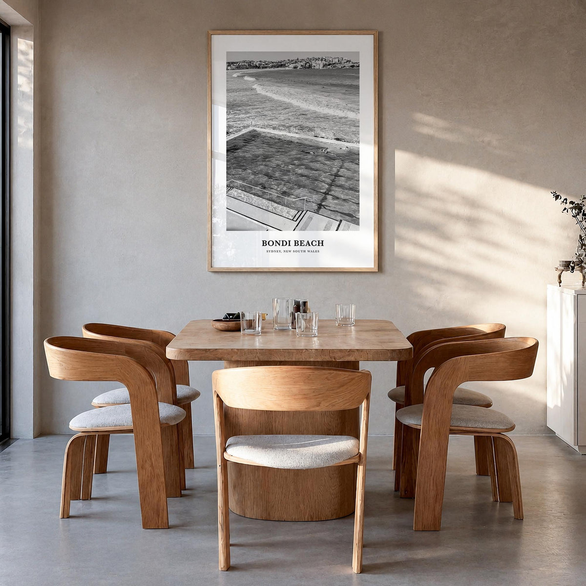 Bondi Beach no. 1 black & white classic poster of Sydney, New South Wales – vertical wall art in natural wood frame, hanging 
