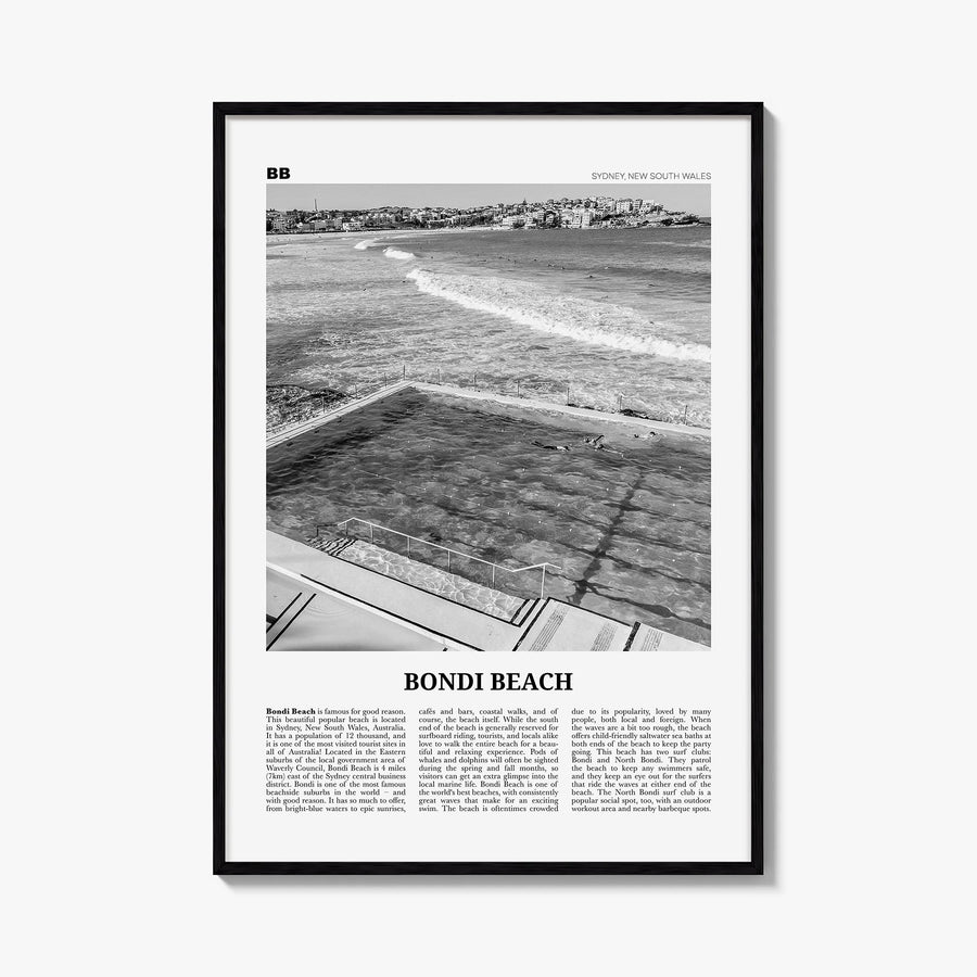 Bondi Beach no. 1 black & white newspaper poster of Sydney, New South Wales – vertical wall art, unframed print shown in inte